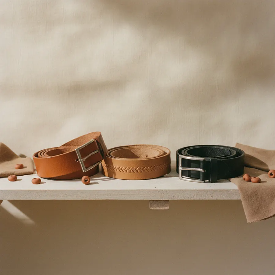 Trois ceintures de cuir enroulees sur une etagere en bois clair, dans des bruns et un noir