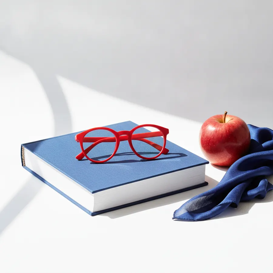 Des lunettes rondes à monture rouge posées sur un livre relié bleu, une pomme rouge et un foulard bleu froisse poses sur une surface blanche