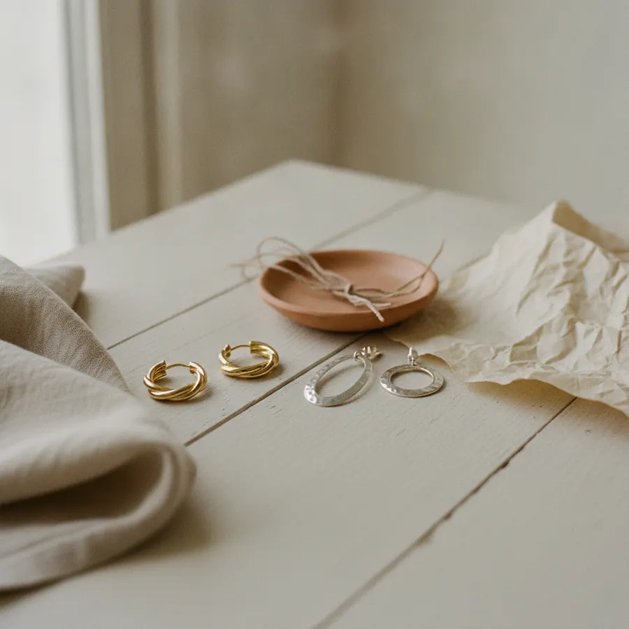 Une paire de boucles d oreilles dorees et une paire argentee posees sur une table de bois clair pres d une fenetre