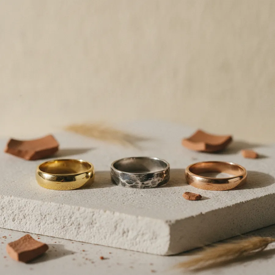 Trois bagues posees sur un fond neutre, une en or jaune, une en argent patine et une en or rose