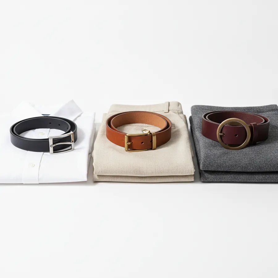 Trois ceintures enroulées, posées chacune sur un vêtement plié, une ceinture noire à boucle argentée sur une chemise blanche, une ceinture cognac à boucle dorée sur un pantalon beige, une ceinture bordeaux à grande boucle ronde en laiton sur une pile de lainage gris