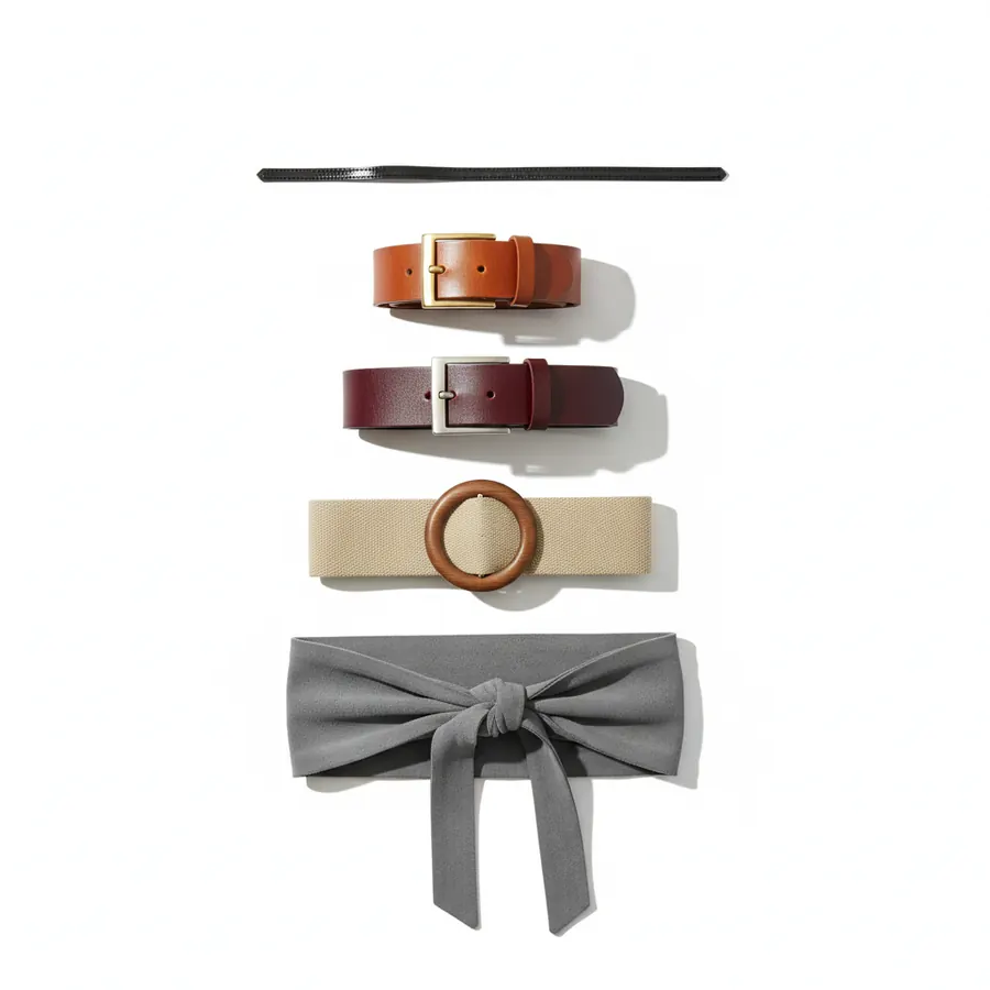 Cinq ceintures empilées de haut en bas sur un fond blanc, de la plus étroite à la plus large, une fine lanière noire, une ceinture de cuir cognac à boucle dorée, une bordeaux à boucle argentée, une ceinture beige élastiquée à anneau de bois et, en bas, une large ceinture en daim gris nouée en nœud