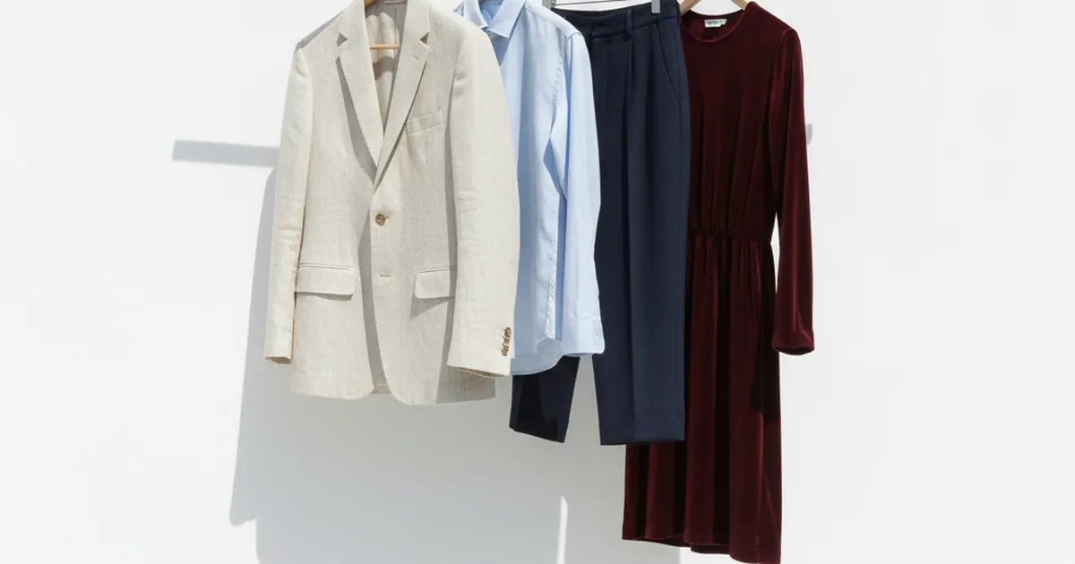Un portant de bois clair devant un mur blanc, sur lequel sont suspendus une veste en lin écrue, une chemise bleu pâle, un pantalon marine et une robe bordeaux, en lumière naturelle