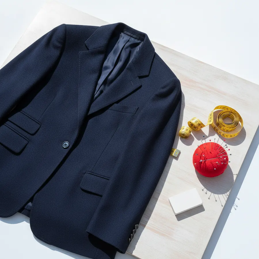 Une veste en lainage marine posée sur une table de couture claire, avec un mètre ruban, des épingles et une craie de tailleur, prête pour une retouche d'épaule