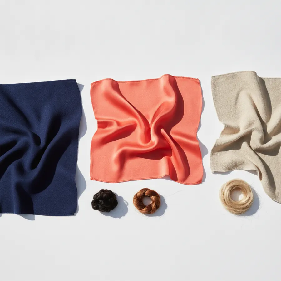 Trois tissus posés à plat sur un fond blanc, un crêpe bleu marine, un carré de soie corail et un lainage beige, avec devant eux trois petits rouleaux de cheveux, un noir, un châtain cuivré et un blond clair