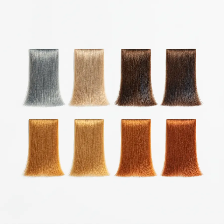 Huit échantillons de cheveux disposés sur deux rangées, sur fond gris très clair. En haut, quatre teintes froides, un gris argenté, un blond beige, un brun foncé et un châtain cendré. En bas, quatre teintes chaudes, un blond doré, un blond miel, un cuivré clair et un cuivré profond