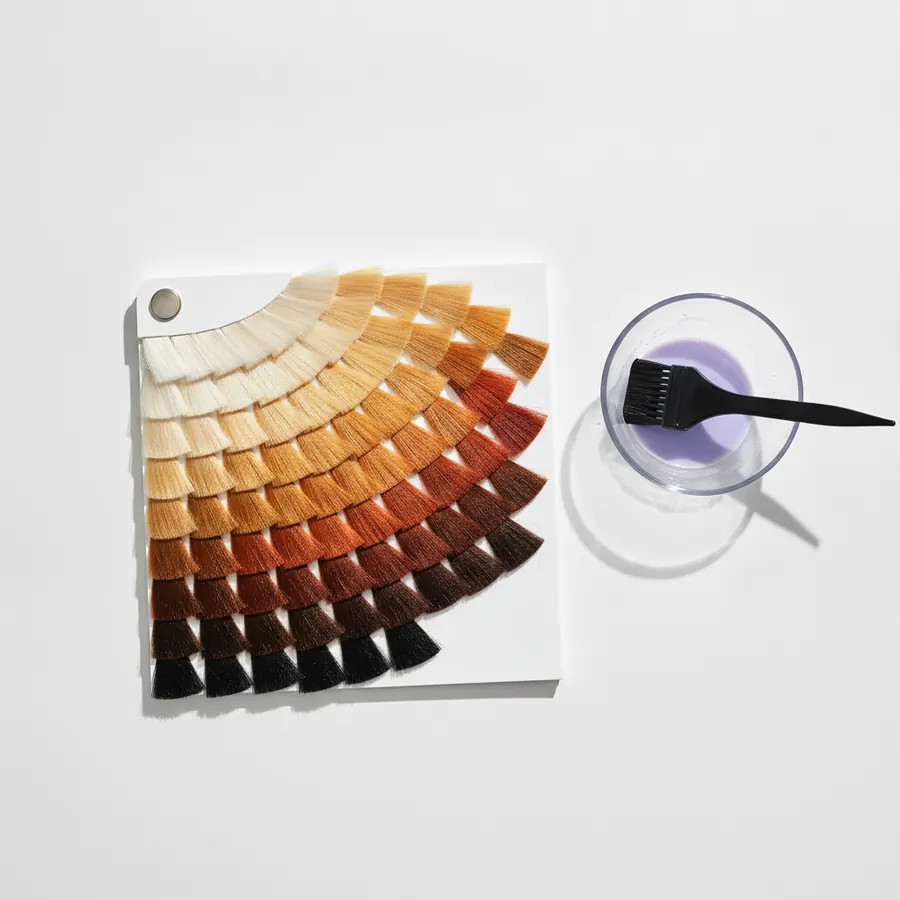 Un nuancier de coloration déployé en éventail sur une plaque blanche, ses mèches allant du blond très clair aux cuivrés puis aux bruns et au noir, à côté d'un bol de verre contenant une préparation mauve et d'un pinceau d'application noir