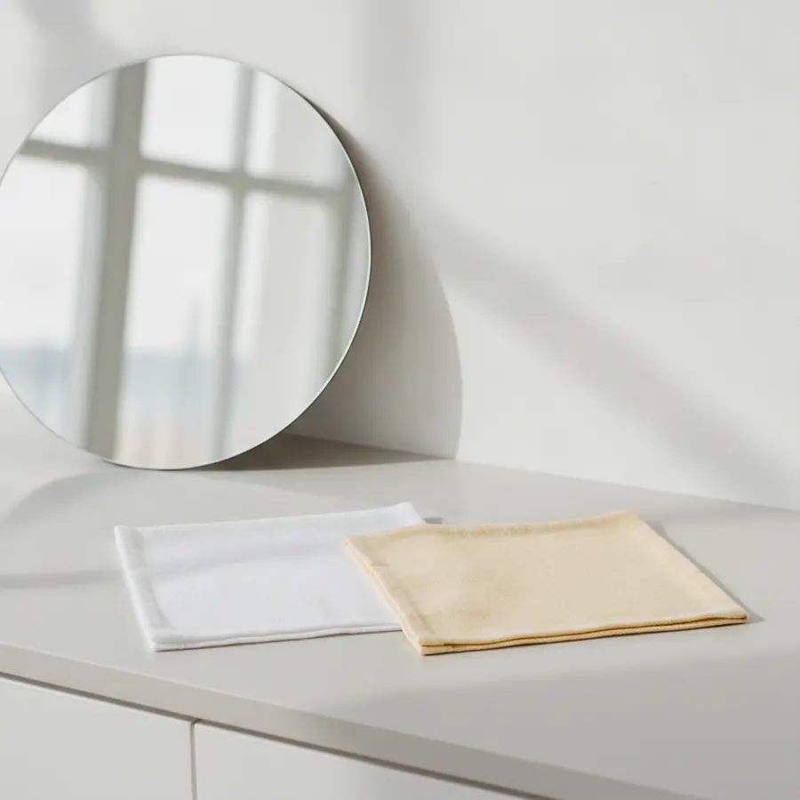 Deux carres de tissu, l'un blanc pur et l'autre blanc casse, poses cote a cote pres d'une fenetre sur un plan de travail clair, avec un miroir rond appuye derriere eux