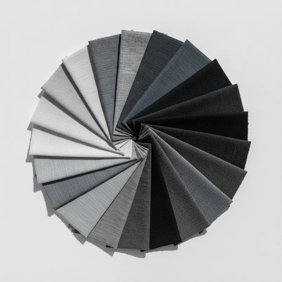 Un nuancier de tissus en degrade allant du gris tres clair au noir profond, dispose en eventail sur fond blanc