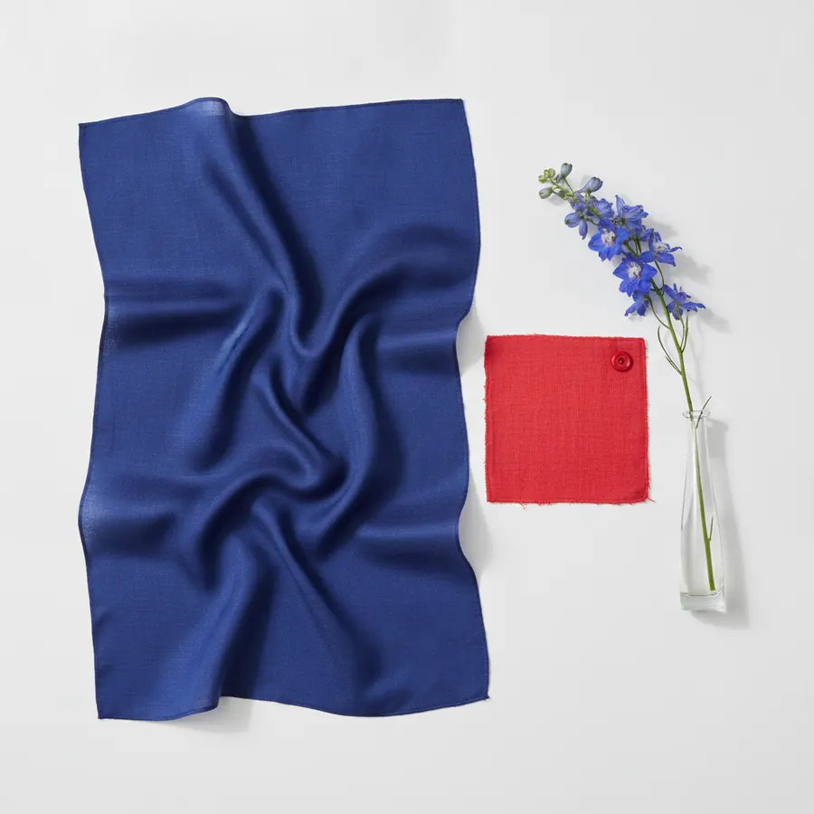 Un tissu bleu roi drapé, un carré de tissu rouge avec un bouton rouge, et une tige de fleurs bleues dans un vase en verre transparent, sur fond blanc