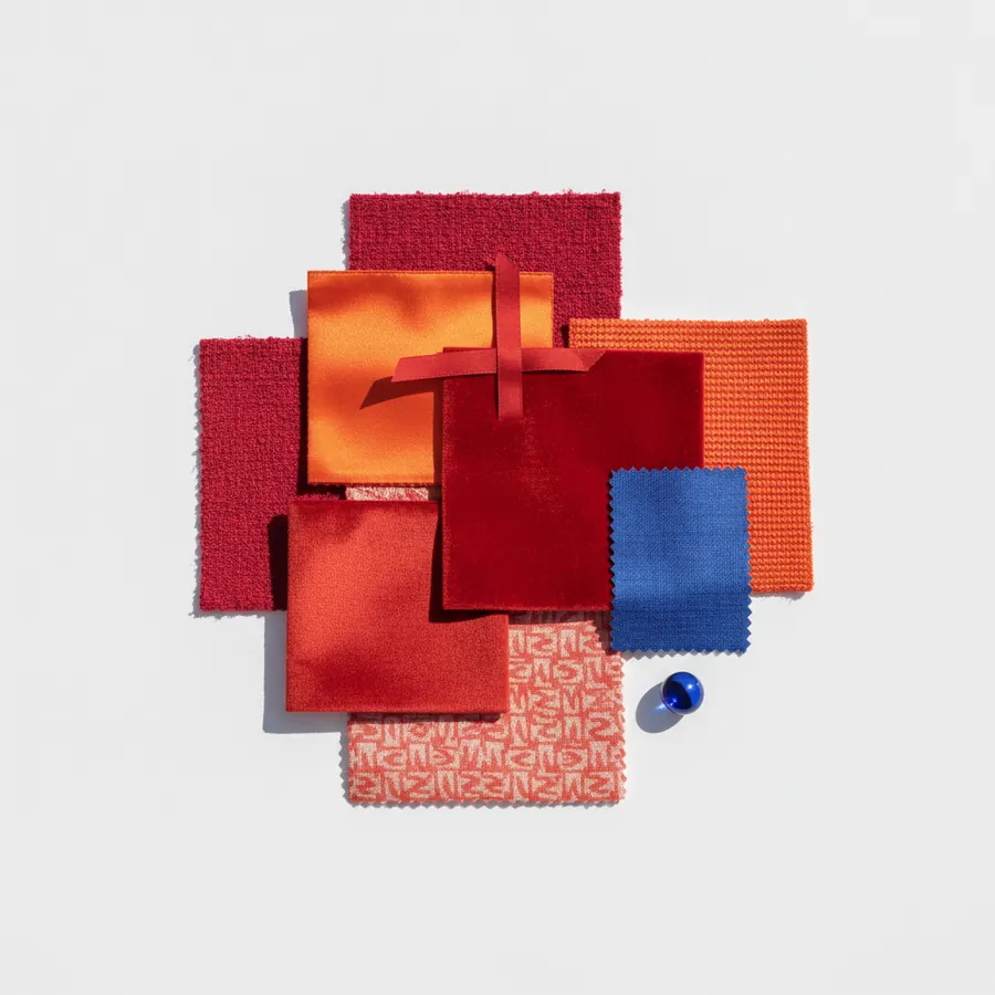 Un assemblage de carrés d'échantillons de tissu dans des tons rouges, bordeaux, orange et un carré bleu cobalt, avec un ruban rouge et une petite bille bleue, sur fond blanc