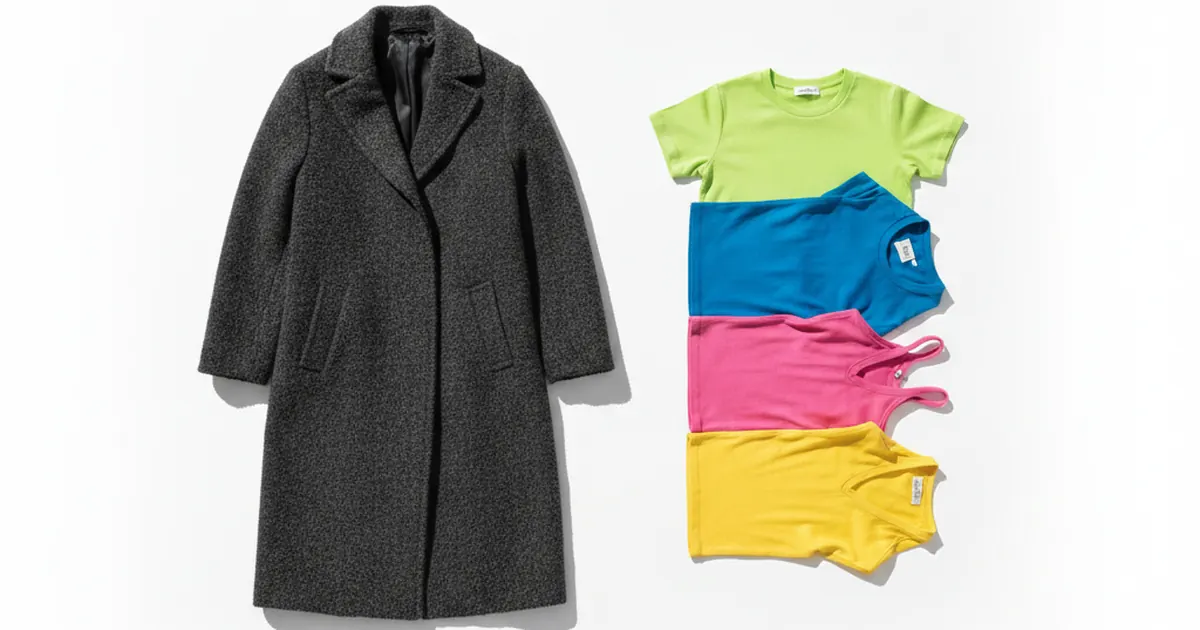 Un manteau de laine gris foncé posé à plat à côté de quatre hauts colorés bon marché, sur un fond blanc, vus de dessus en lumière du jour