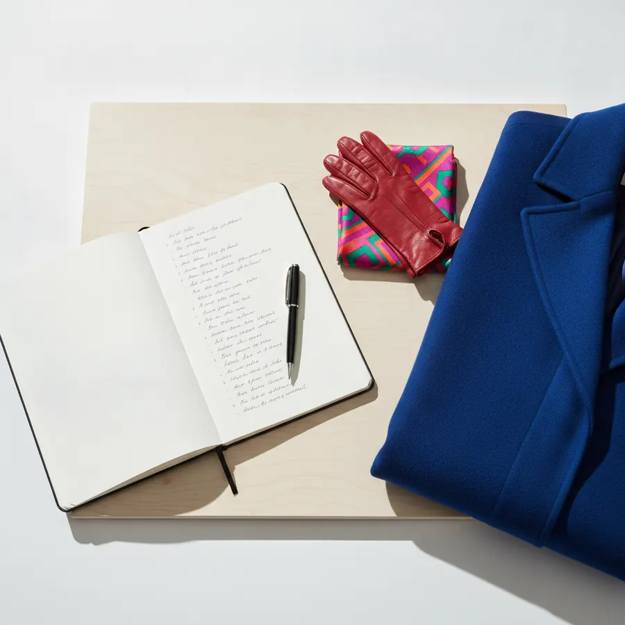Un carnet ouvert et un stylo posés sur une table de bois clair à côté d'un manteau plié, la page du carnet portant une liste manuscrite illisible