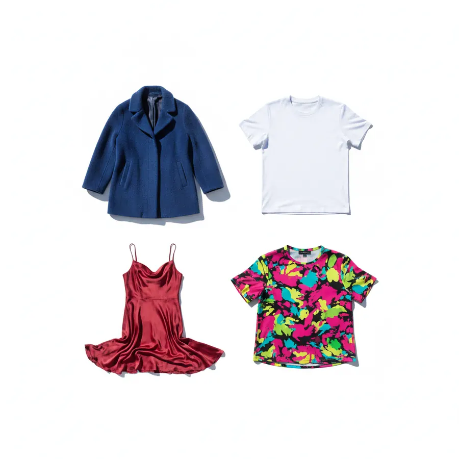 Quatre vêtements posés à plat en carré sur un fond blanc, un manteau de laine, un tee-shirt blanc, une robe de soirée et un haut à imprimé voyant, vus de dessus