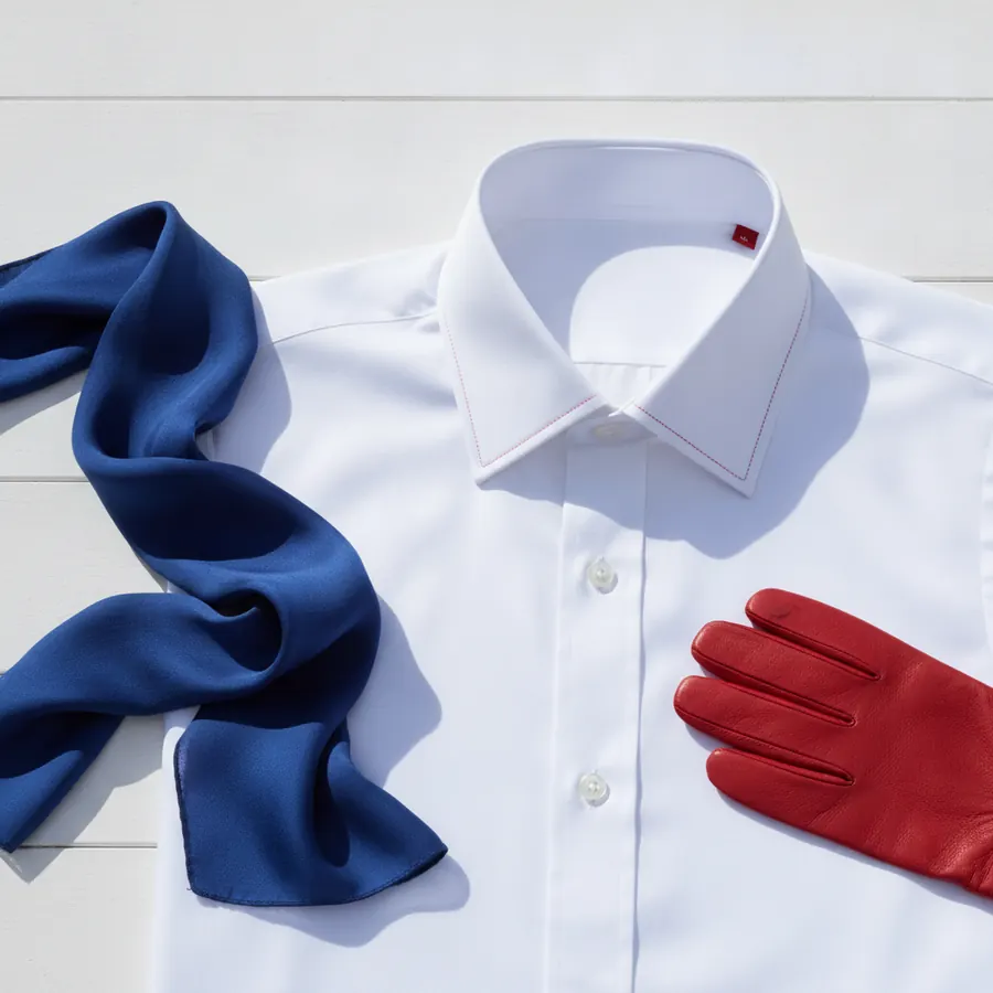Une chemise blanche a col avec des surpiqures rouges et boutons blancs, accompagnee d'une echarpe en soie bleue posee a gauche et d'un gant en cuir rouge pose a droite, sur une surface en bois blanc