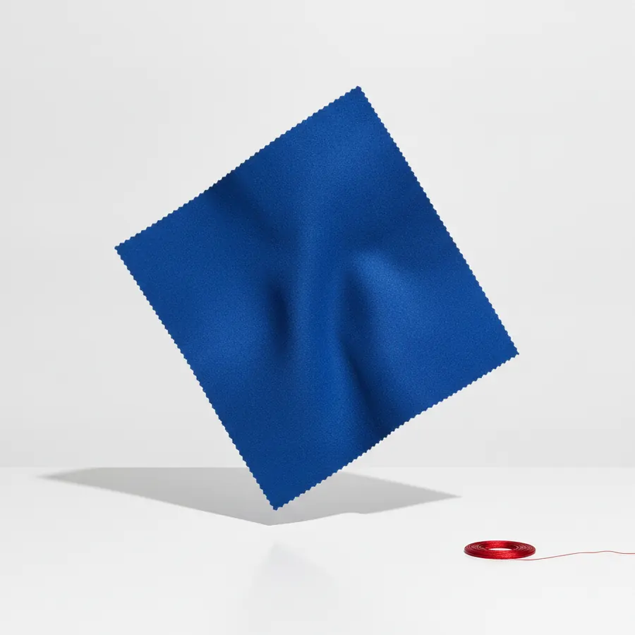 Un carre de tissu bleu electrique aux bords festonnes pose en equilibre en diagonale, avec une petite bobine de fil rouge posee sur le sol blanc a cote