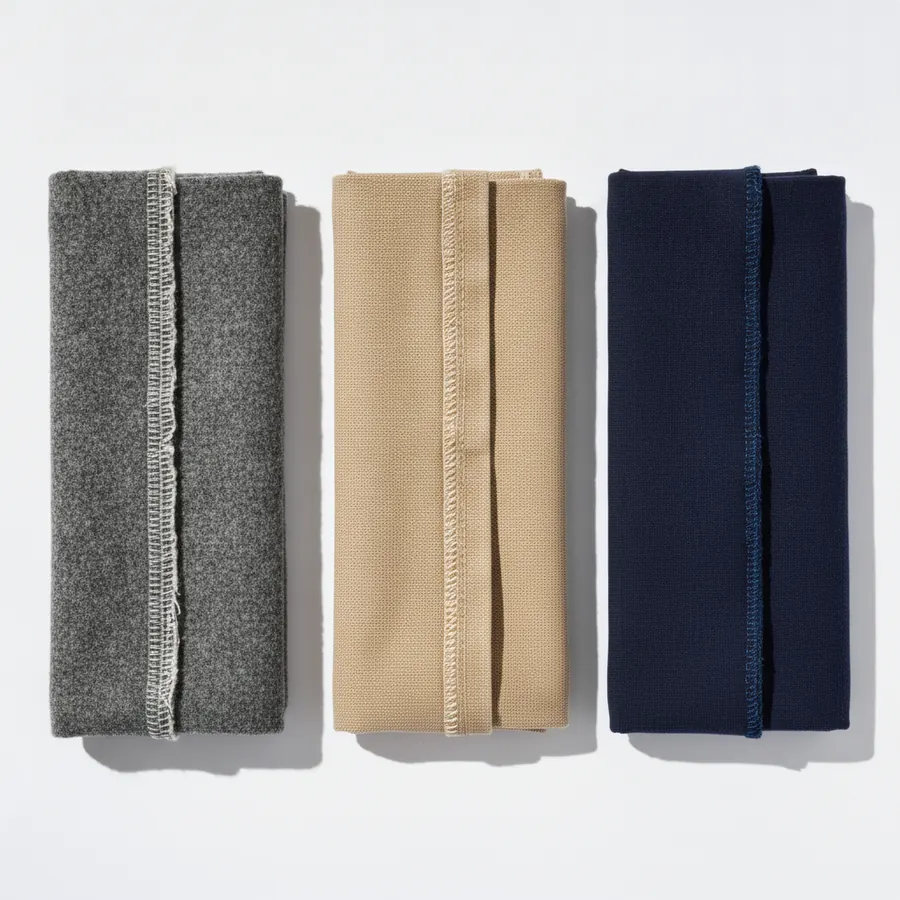 Trois pièces de tissu pliées côte à côte sur un fond blanc, chacune montrant sa couture surjetée à l'intérieur, un lainage gris chiné, une toile de coton beige et un tissage bleu marine