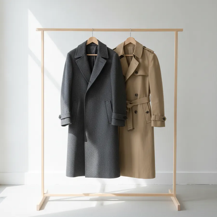 Un manteau de laine gris foncé et un trench beige à ceinture, suspendus côte à côte sur des cintres en bois, sur un portant en bois clair devant un mur blanc traversé de lumière