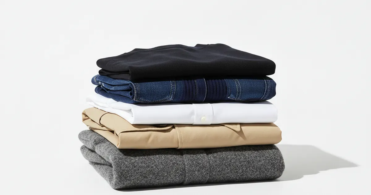 Une pile de vêtements pliés sur un fond blanc, de bas en haut un lainage gris chiné, un pantalon beige, une chemise blanche, un jean brut bleu foncé et un haut noir