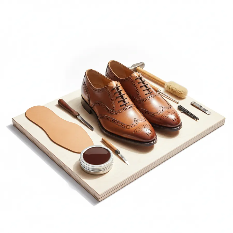 Une paire de richelieus en cuir cognac posée sur une planche de bois clair, entourée d'une semelle de cuir neuve, d'un tranchet, d'un marteau, d'une brosse à reluire et d'une boîte de cirage brun