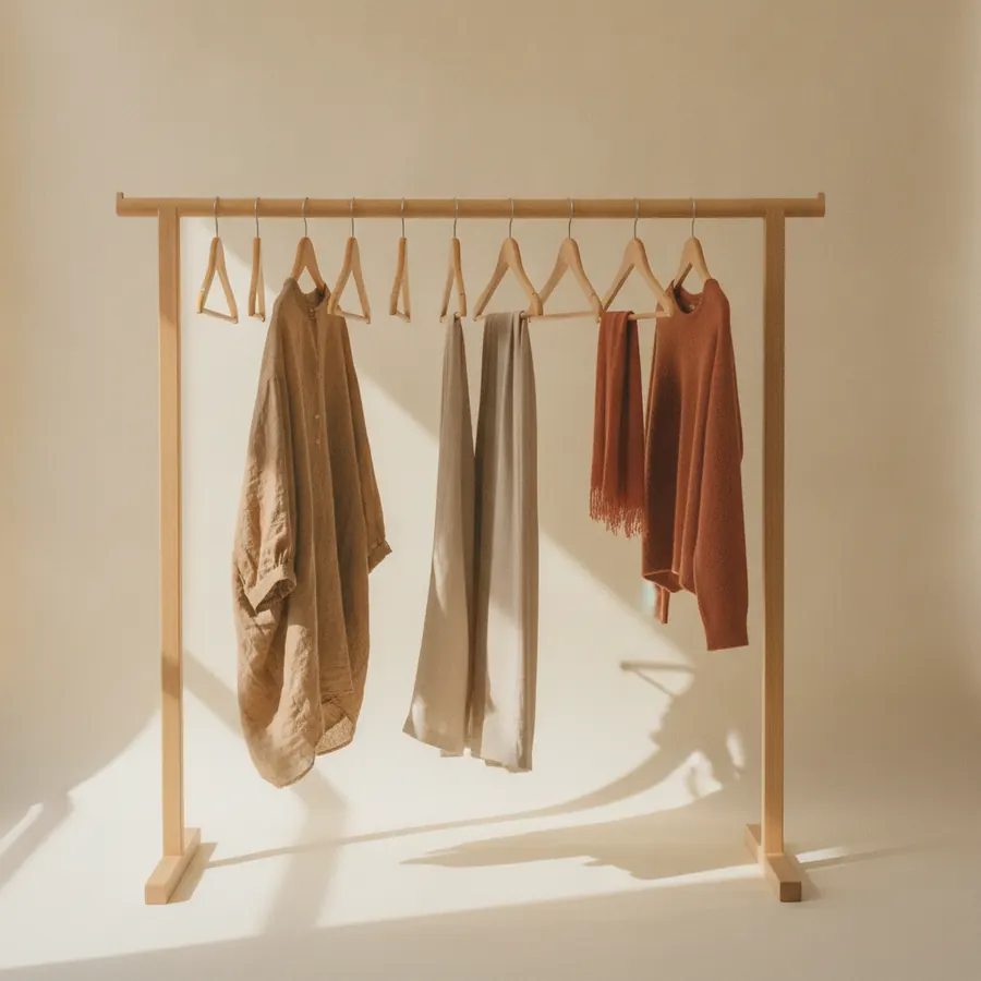 Vetements suspendus sur une tringle degagee, avec de l espace entre chaque cintre
