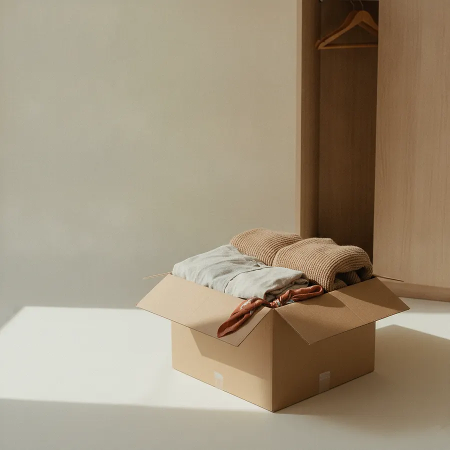 Une pile de vetements plies dans un carton ouvert, pose au sol pres d une armoire