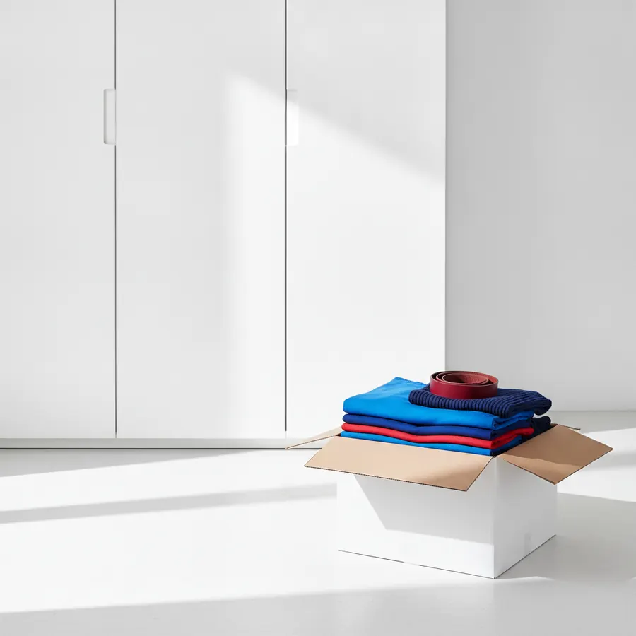 Une boite en carton ouverte blanche et beige posee au sol devant une armoire blanche, contenant des vetements plies en bleu, rouge et marine ainsi qu'une ceinture enroulee rouge