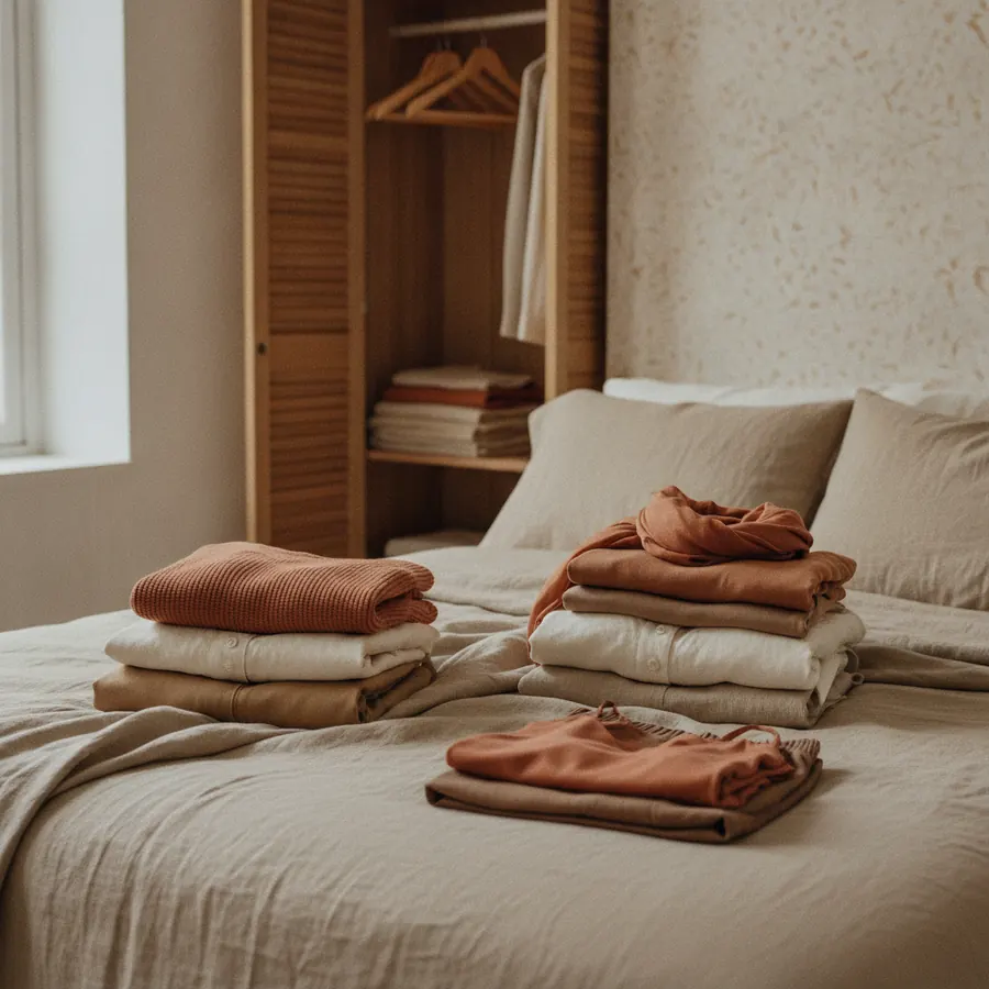 Piles de vetements plies posees sur un lit, armoire ouverte en arriere-plan