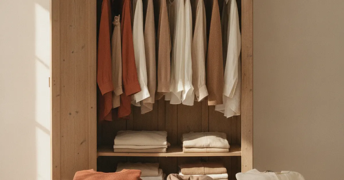 Une armoire en bois ouverte, vetements suspendus sur une tringle et piles de vetements plies sur les etageres