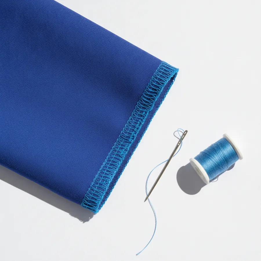 Le revers d'un vetement montrant une couture surjetee reguliere, avec un fil et une aiguille poses a cote sur fond blanc