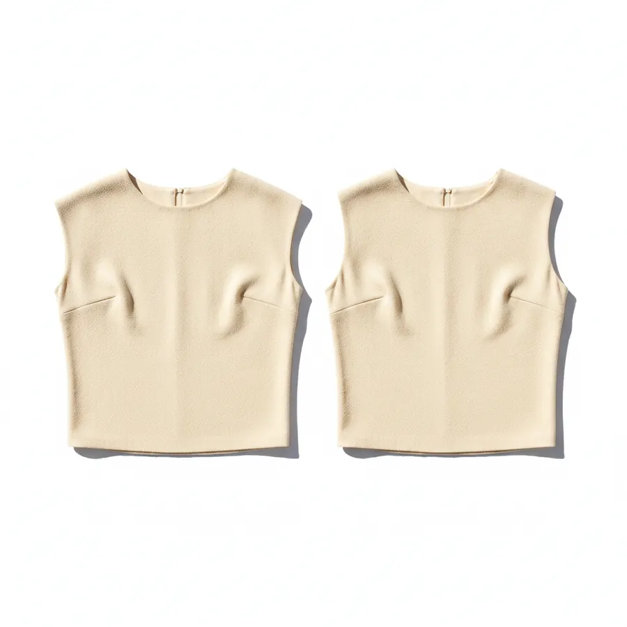 Deux hauts identiques de couleur écrue posés à plat, l'un avec une couture d'épaule tombant au-delà de l'articulation, l'autre avec la couture posée sur l'os, photographiés de dessus sur un fond blanc