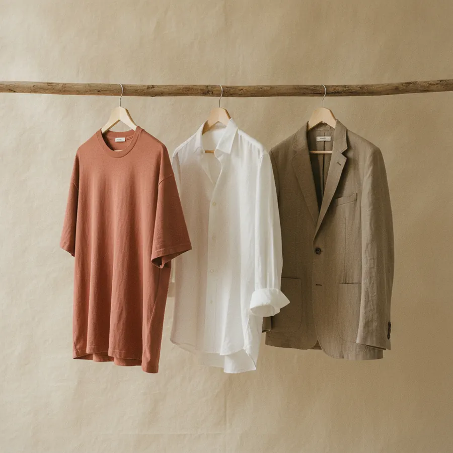 Un portant avec trois hauts alignes, un tee-shirt de coton epais, une chemise blanche et un blazer, du plus decontracte au plus formel