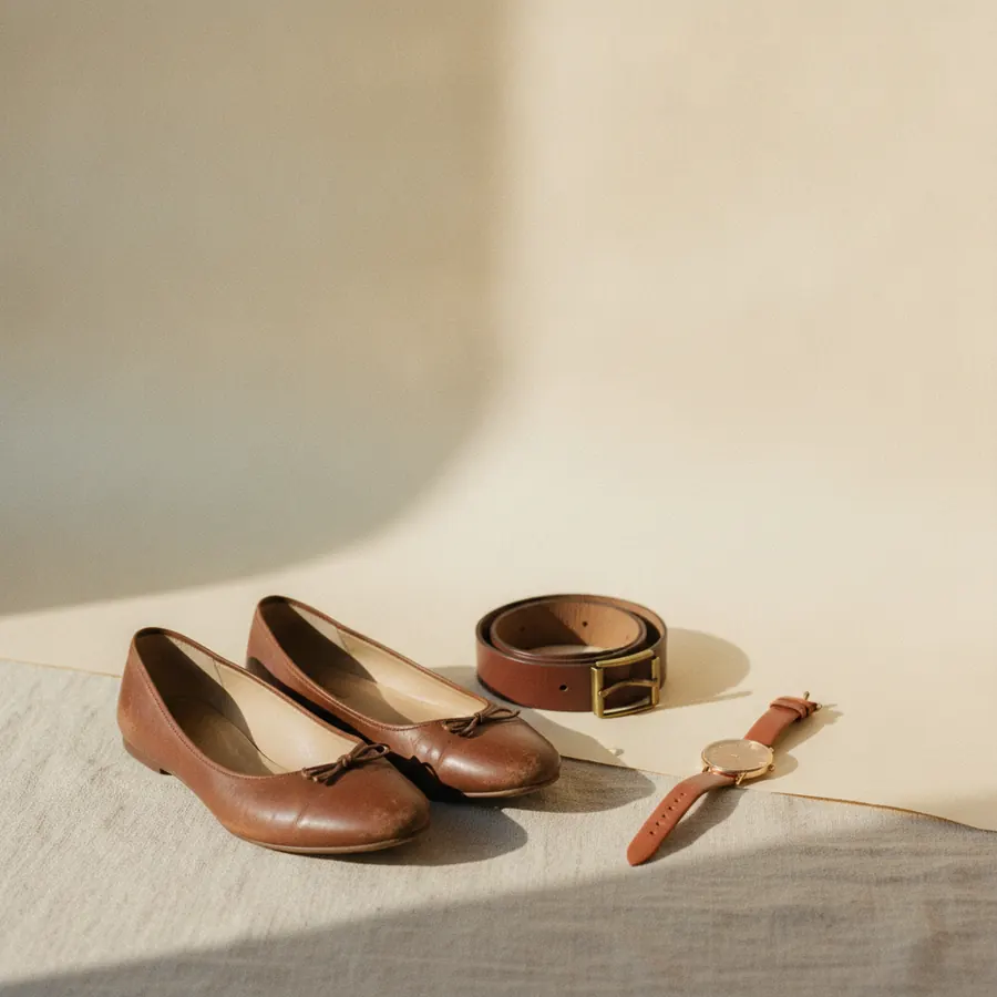 Une paire de chaussures plates en cuir brun posee a cote d une ceinture assortie et d une montre simple sur un sol clair
