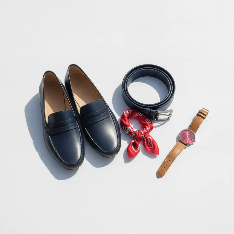 Une paire de mocassins en cuir bleu marine, une ceinture en cuir bleu marine enroulee, un petit foulard rouge a motifs blancs et une montre a bracelet caramel avec un cadran rouge, disposes sur un fond gris clair
