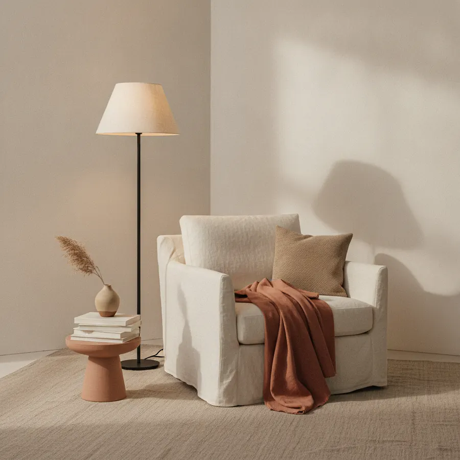 Un fond de mur clair avec un fauteuil et une lampe posee de biais, une lumiere de jour venant de la gauche