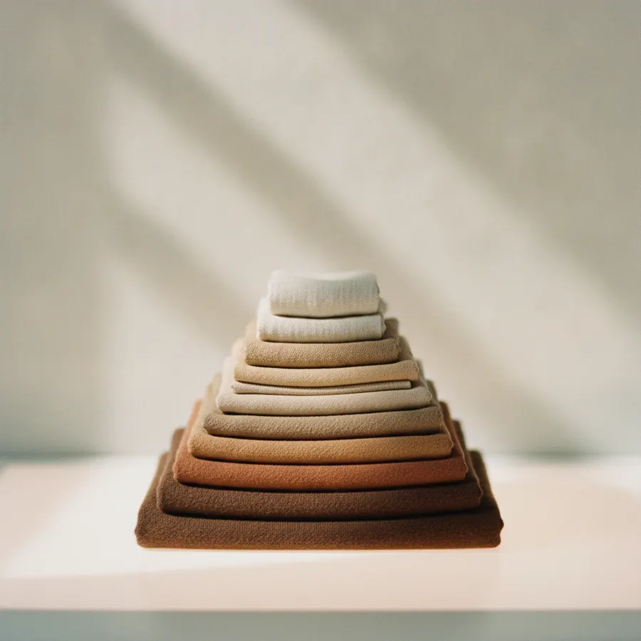 Des pieces de tissu pliees en une seule gamme de couleurs, du blanc casse au brun profond, empilees sur une table claire