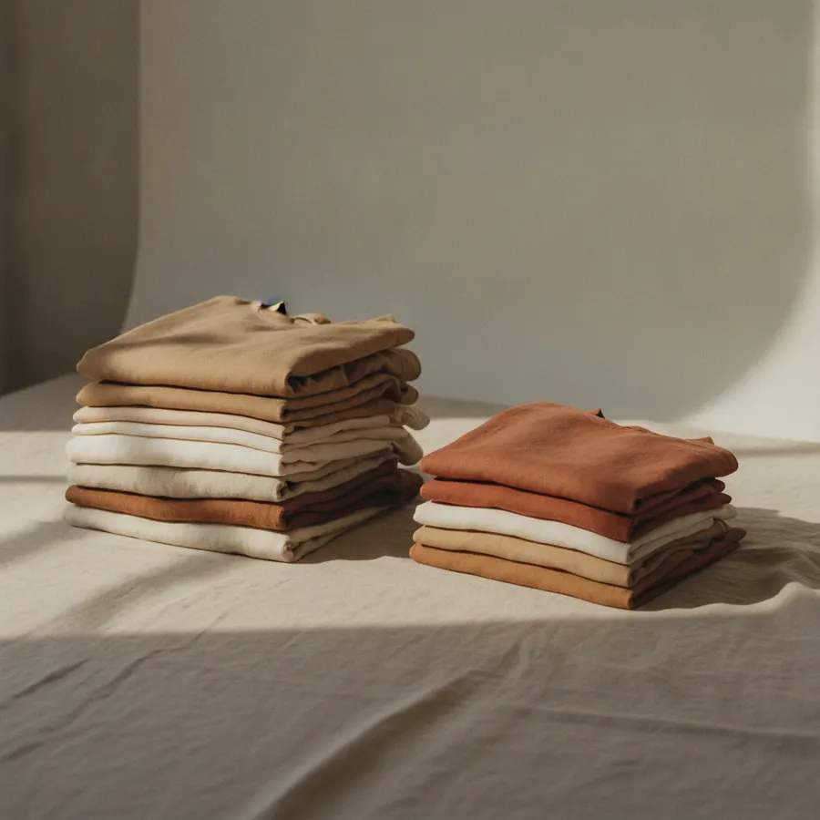 Une pile de vetements plies sur un lit, separee en deux tas inegaux, l un nettement plus haut que l autre
