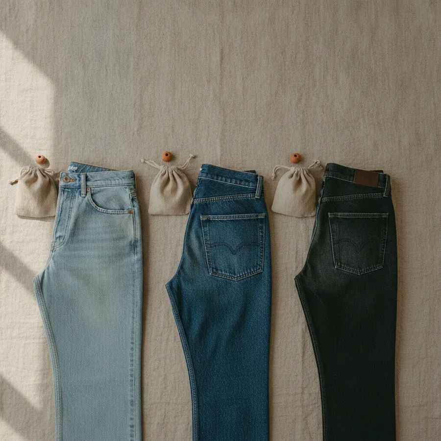 Trois jeans plies a plat sur du lin, une coupe droite, une coupe large et une coupe fuselee, vus de dessus