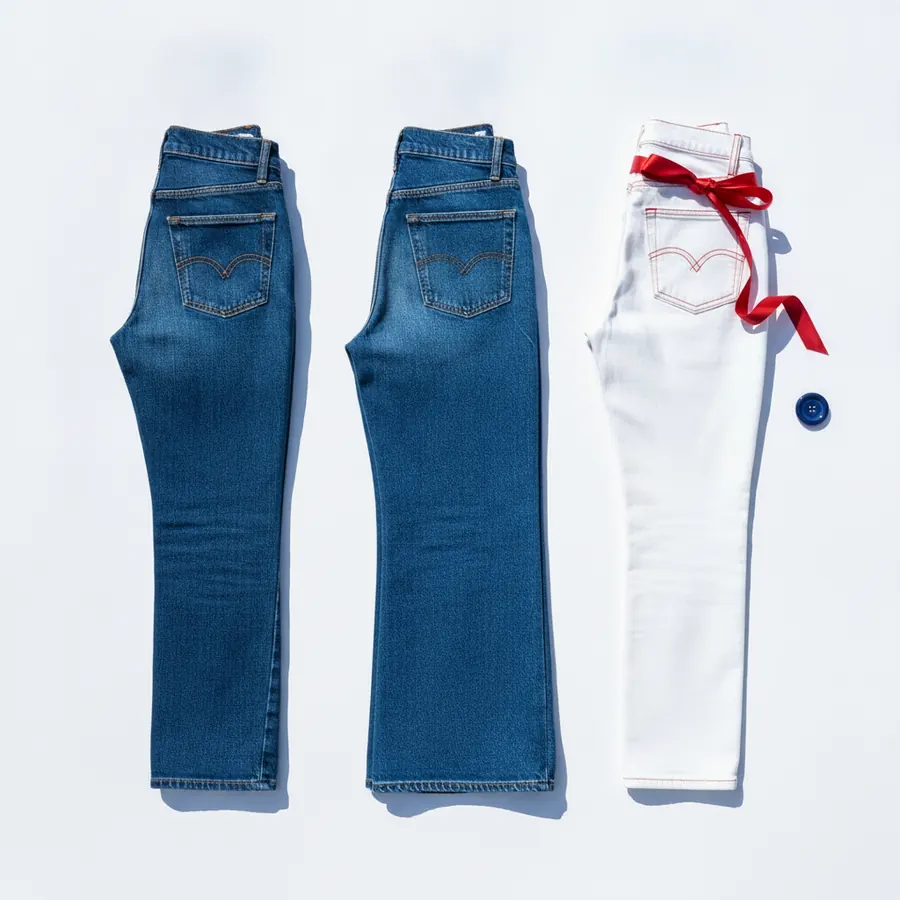 Trois jeans plies poses face verso sur fond blanc, deux en denim bleu et un blanc avec des coutures rouges, ce dernier orne d'un ruban rouge noue et d'un bouton bleu marine pose a cote