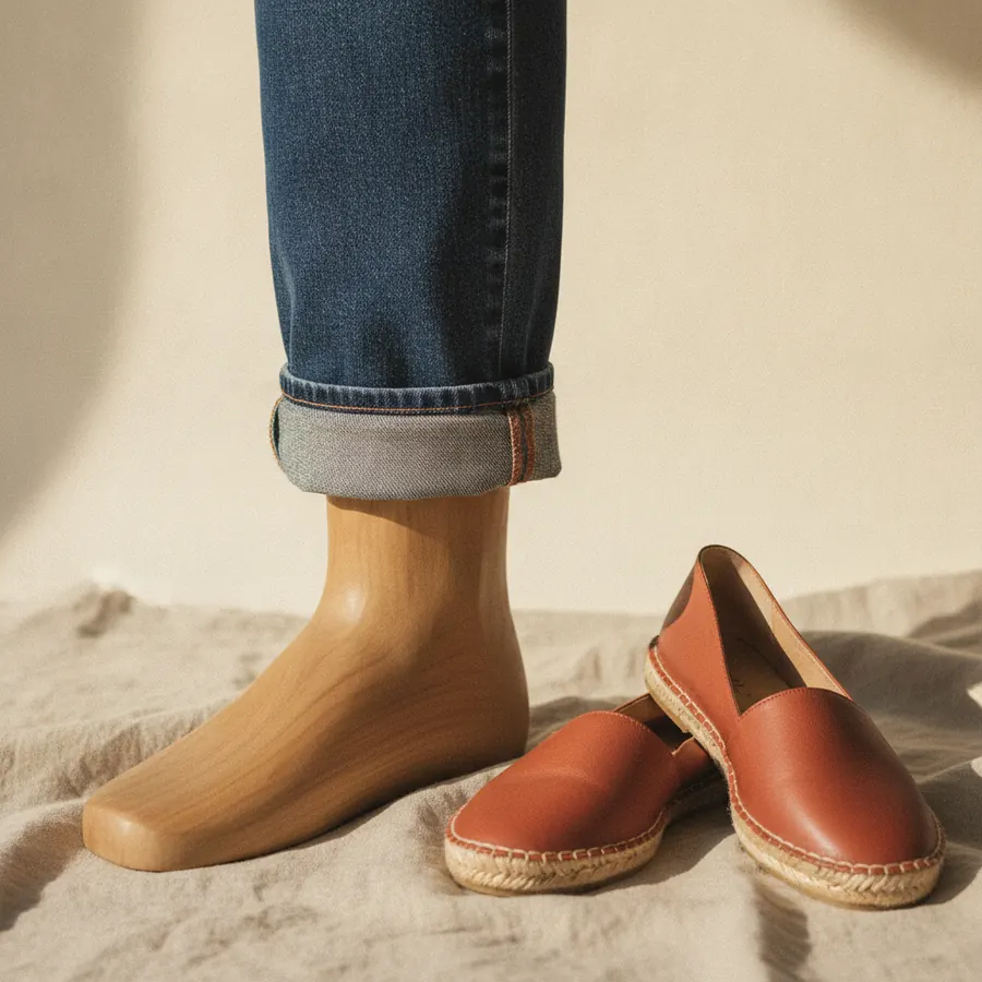 Un ourlet de jean roule sur une cheville de mannequin en bois, a cote d une paire de chaussures plates