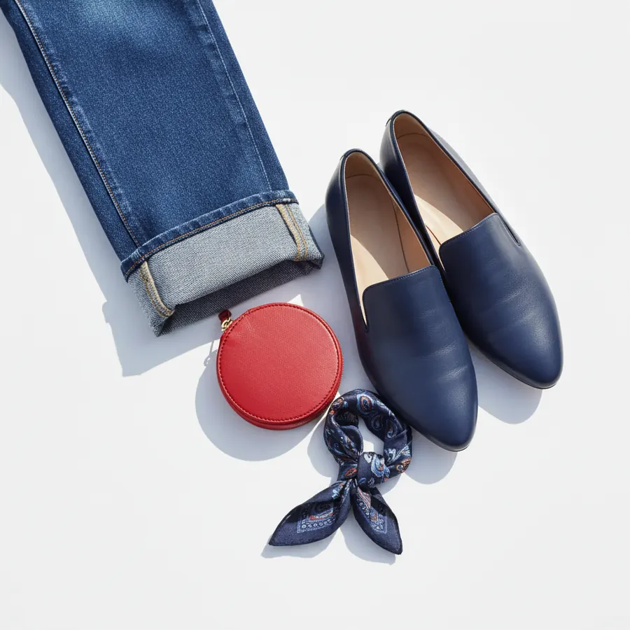 Un jean bleu aux ourlets retrousses, une paire de mocassins bleu marine a semelle beige, un porte-monnaie rond rouge avec fermeture eclair doree et un petit foulard a motifs cachemire bleu et rouge sont poses sur un fond blanc