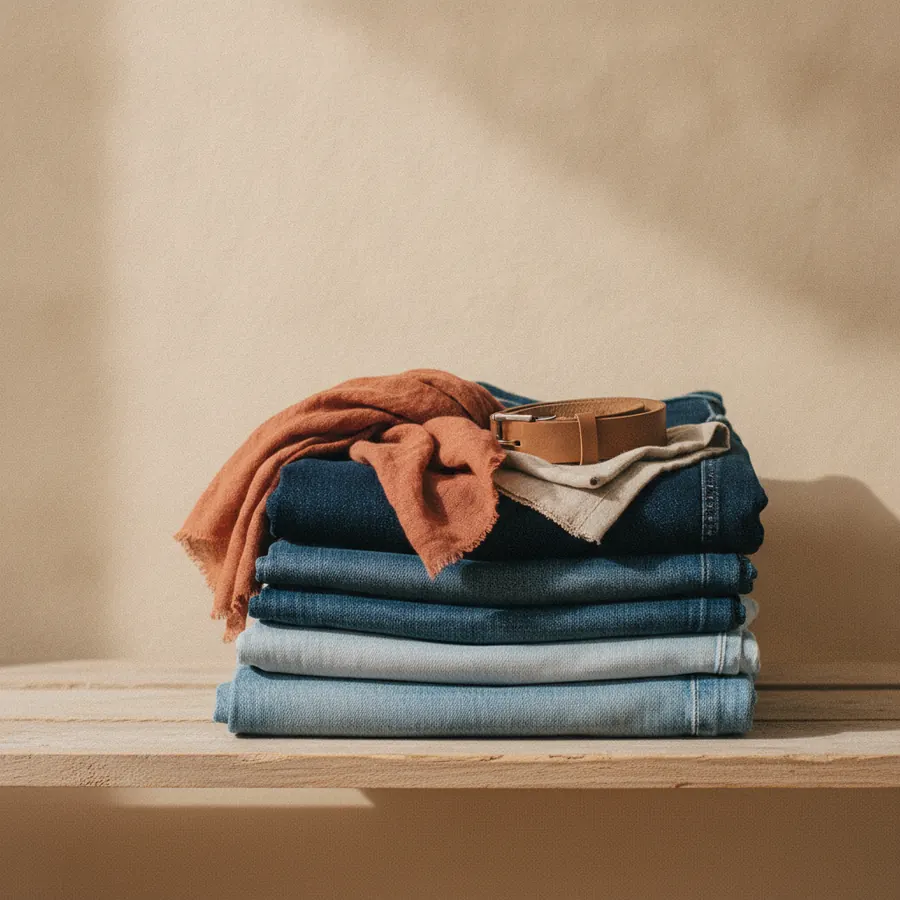 Une pile de jeans plies sur une etagere en bois clair, dans des bleus allant du brut au delave