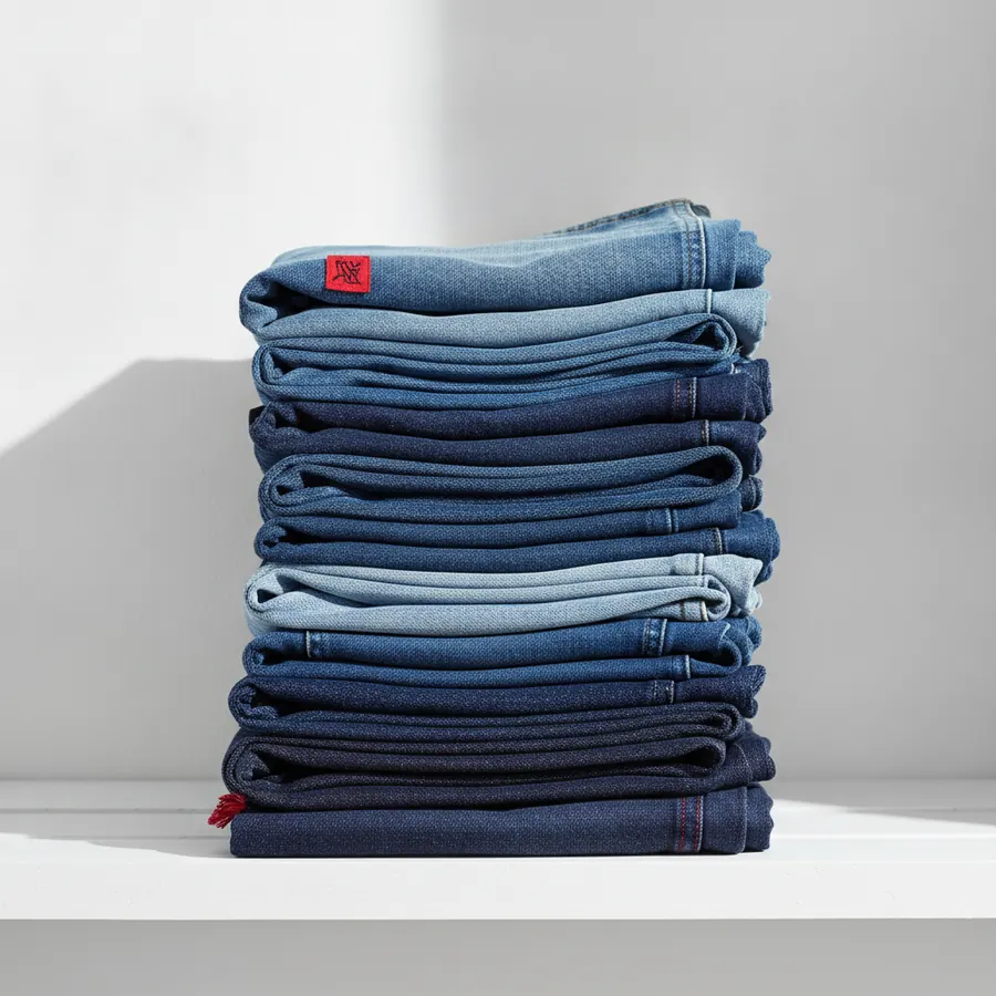 Une pile de jeans plies en denim de differentes nuances de bleu, du bleu clair au bleu marine fonce, avec une etiquette rouge visible sur le dessus, poses sur une surface blanche