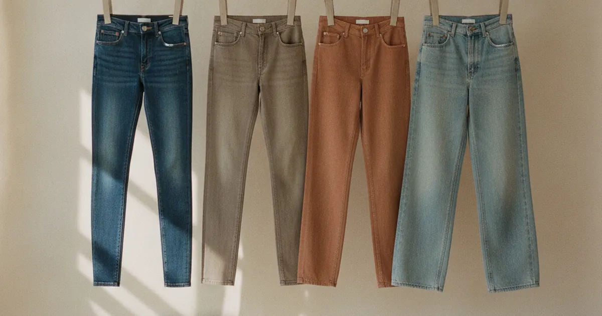 Cinq jeans de coupes differentes suspendus a un portant en bois clair, du plus ajuste au plus large