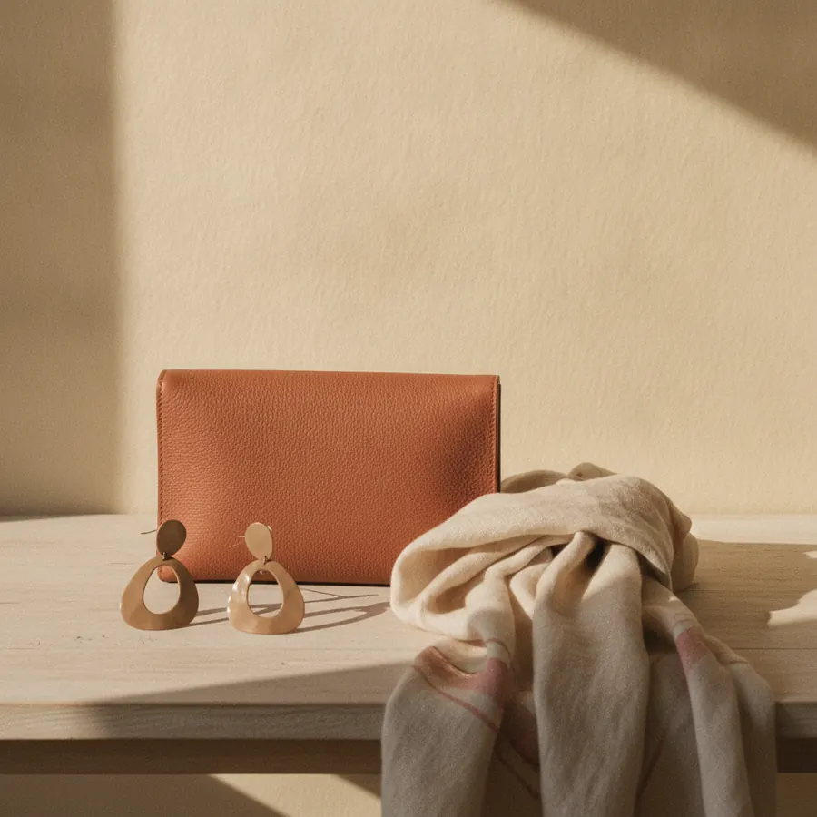 Une pochette de cuir, une paire de boucles d oreilles et un chale plie poses sur une table de bois clair
