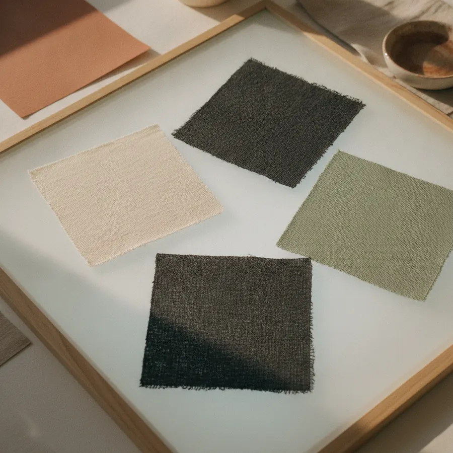 Trois carres de tissu poses sur une table claire, un ivoire, un noir profond et un vert sauge, pour comparer