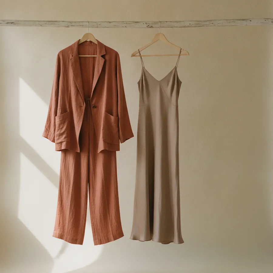 Un ensemble pantalon fluide suspendu a cote d une robe longue, sur un portant en bois clair