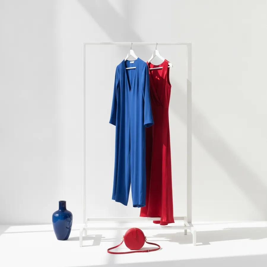 Une penderie blanche sur laquelle sont accroches une combinaison longue bleue et une robe longue rouge, avec un vase bleu pose au sol a gauche et un petit sac rond rouge en bandouliere pose au sol au centre