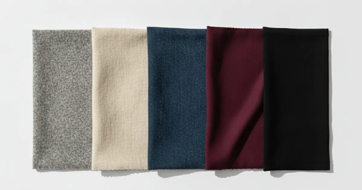 Cinq échantillons de tissu posés côte à côte sur un fond blanc, un lainage gris, une toile de lin écrue, un coton bleu dense, une viscose fluide bordeaux et un jersey noir, éclairés en lumière du jour