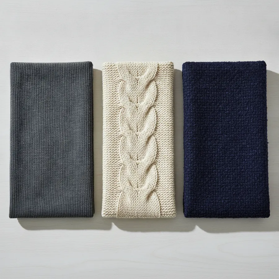 Trois lainages posés à plat sur une table de bois clair, un mérinos fin gris, une grosse maille écrue et un lainage bouclé bleu marine, photographiés de dessus en lumière naturelle